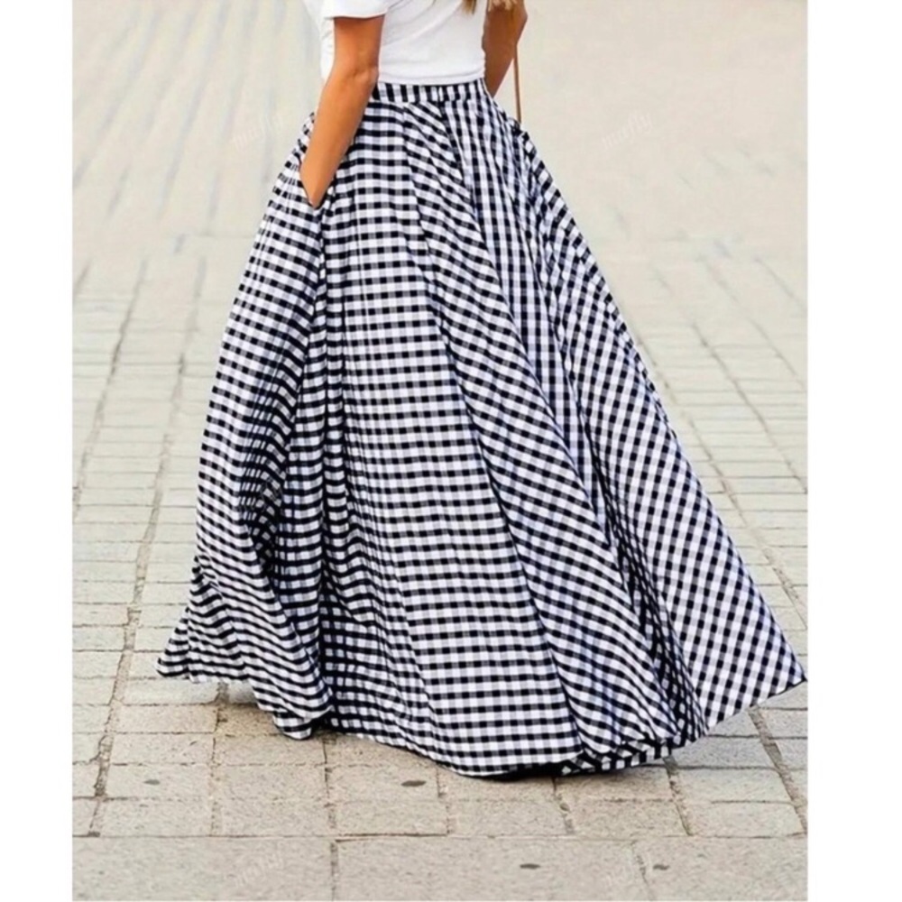 Classic Gingham High Waisted Flowy Maxi Skirt S M L XL - Picture 3 of 5